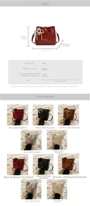 Vue détaillée du guide des tailles et des options de couleurs du sac seau en PU