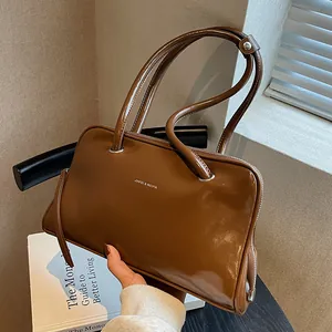Women Vintage Glossy PU Leather Underarm Bag Minimalist Solid Color Shoulder Bag Fashion Office Commute Square Handbag