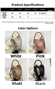 Tableau des tailles pour sacs seau en cuir PU avec bandoulières larges à logo