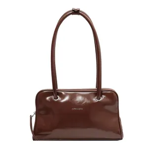 Glossy dark brown faux leather underarm bag with silver zipper and double handles