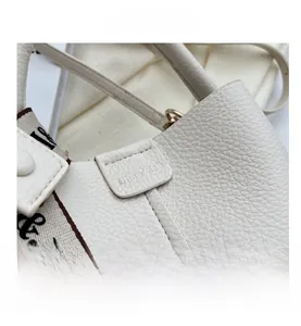 Détail d'un sac à main en cuir grainé crème avec coutures fines et bandoulière