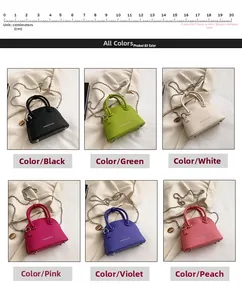Detailed comparison of mini shell bags in six colors with leather texture and chain strap