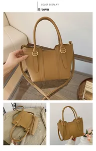 Detailed views of brown pebble leather bucket bag with gold hardware and top handle