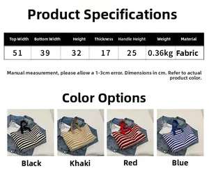 Size guide for striped canvas tote bag showing dimensions and four available colors