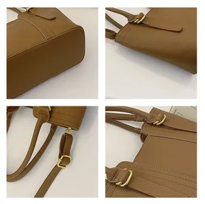 Detailed views of brown leather bucket bag with gold hardware and lychee texture