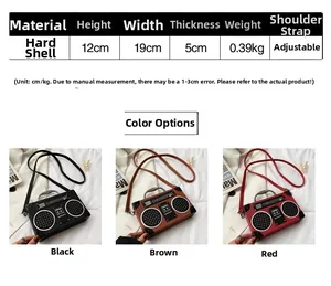 Detailed size chart for vintage radio shaped crossbody bag with adjustable strap details
