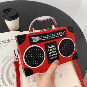 Creative red retro radio shaped crossbody bag for women with silver top handle