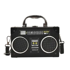 Creative retro radio shaped crossbody bag with vintage cassette print and silver handle