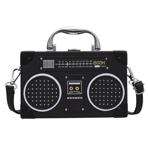 Creative retro boombox shaped handbag with silver metal handle and adjustable strap