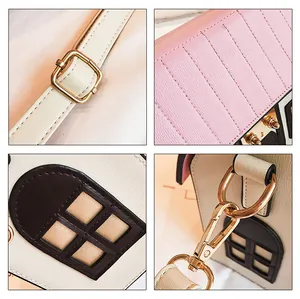Detailed views of a house-shaped handbag with cream PU leather and gold hardware