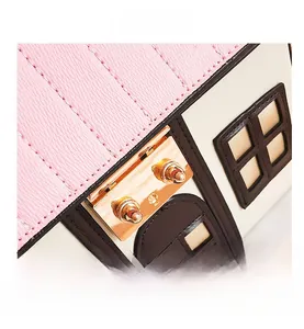 Close-up of creative house bag showing pink litchi grain leather and gold metal lock