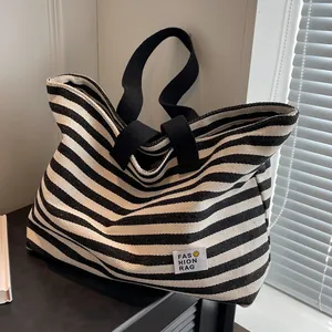 Women Stripe Canvas Tote Bag Large Capacity Casual Shoulder Handbag Simple Stripe School Travel Shopping Bag With Zipper Closure