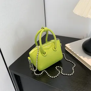Mini Boston Handbag For Girls Fashion Lychee Pattern PU Leather Crossbody Bag Silver Chain Small Tote Bag Everyday Accessories