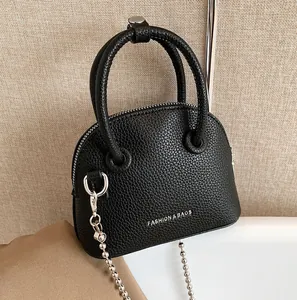 Women Fashion Mini Shell Crossbody Bag Lychee Pattern PU Leather Handbag With Silver Ball Chain Strap Elegant Shoulder Bag