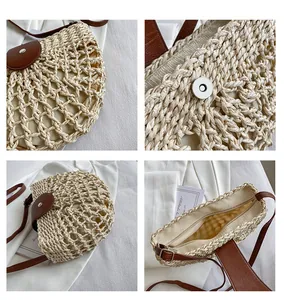 Détail d'un sac à bandoulière en paille tressée avec rabat en cuir PU brun et boucle aimantée