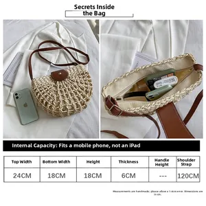 Guide des tailles du sac bandoulière en paille demi-lune avec détails de capacité