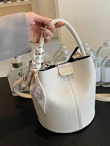 Women Minimalist PU Leather Bucket Bag With Silk Scarf Small Top Handle Crossbody Purse For Daily Commuting Elegant Handbag