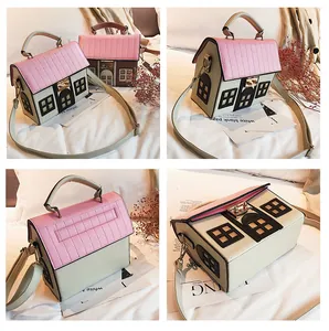 Multi-angle view of creative house-shaped PU leather crossbody bag with metal lock