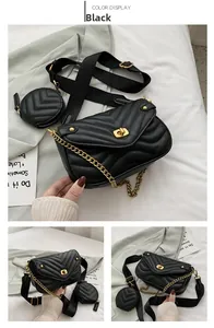 Détail du sac à bandoulière noir matelassé avec fermoir doré et petit porte-monnaie rond