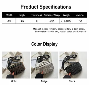Spécifications de taille pour le sac banane en cuir PU à franges en doré, beige et noir