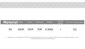 Detailed size chart for the PU leather handbag showing width, height, and strap length