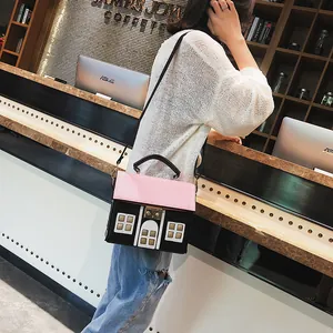 Creative House Shaped Women Shoulder Bag PU Leather Contrast Color Top Handle Crossbody Bag Fashionable Girly Satchel Handbag