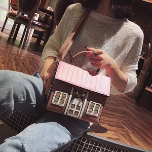 Creative house-shaped crossbody bag in pink and brown PU leather for women