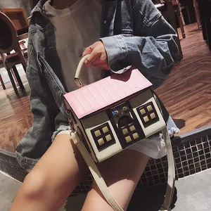 Creative house-shaped crossbody bag for women with pink roof and white PU leather body