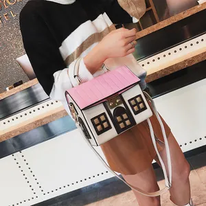 Creative house-shaped crossbody bag with pink striped roof and white leather body