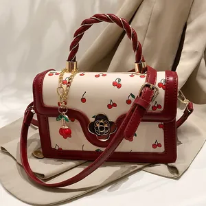 Women Cherry Print PU Leather Handbag Fashion Flower Buckle Small Square Crossbody Bag With Cherry Pendant Sweet Shoulder Bag