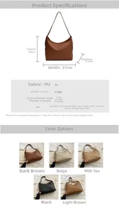 Specifiche dimensionali e cinque opzioni di colore per questa borsa tote vintage in PU