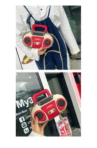 Dettagli della borsa a tracolla creativa a forma di radio vintage rossa e oro con borchie