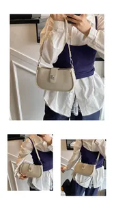 Detail of cream saddle bag with silver rectangular buckle and sleek shoulder strap design