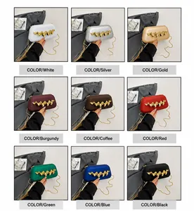 Collage of mini evening chain bags in nine colors with gold wavy metal handles
