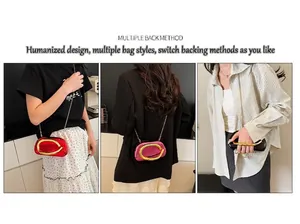 Three-way view of a mini wine red box bag with a large gold C-shaped metal handle detail