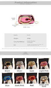 Detailed size specifications for a rose gold acrylic evening clutch bag with metal C handle