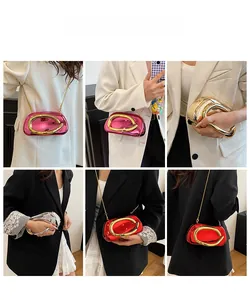 Collage of metallic mirror evening bags in four colors shown with gold chain straps