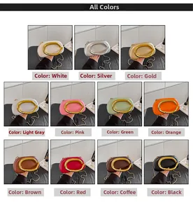 Collage van elf kleuren modieuze box-clutch tassen met gouden C-handgrepen en een kettingriem