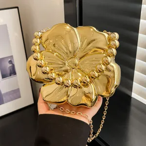 Borsa da Sera a Scatola in Forma di Fiore d'Oro Vintage da Donna in Acrilico con Catena a Tracolla per Matrimonio Festa