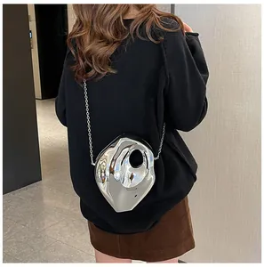 Silver mirror acrylic evening box bag with irregular design and metal chain strap