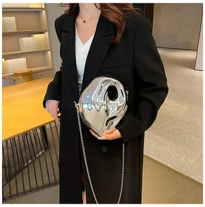 Chic silver acrylic liquid metal handbag with detachable chain strap and glossy finish
