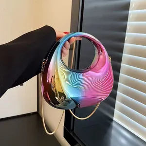 Chic acrylic gradient moon-shaped handbag with holographic finish and gold chain strap