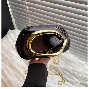 Detailed macro of dark translucent resin evening bag with luxury gold ring handle