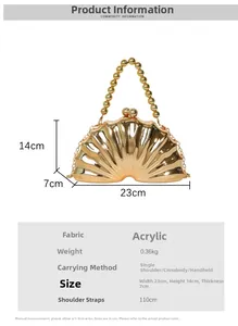 Detailed view of a gold shell-shaped acrylic evening clutch with chic bead handle