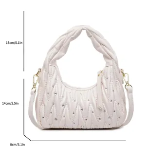 Pleated light pink shoulder bag with rhinestone accents and gold chain strap dimensions