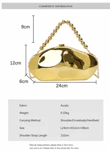 Specifiche dimensionali per la pochette da sera in acrilico dorato con misure e peso