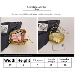 Tableau des tailles détaillé et capacité de la pochette de soirée dorée en coquille