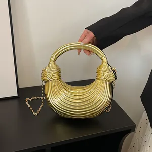Metallic gold pleated half-moon handbag with round handle and gold chain strap for women