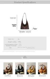 Detailed size chart and multi-color specifications for the woven texture PU hobo handbag