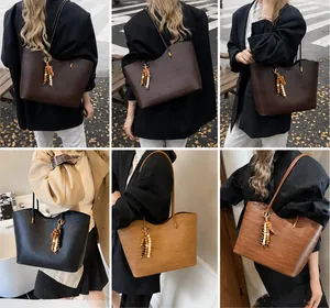 Lifestyle shots showing large woven tote bags in brown and black on female models